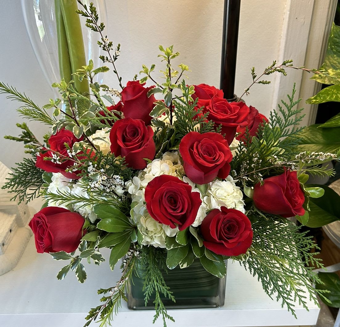 White, hydrangeas, and red roses White, hydrangeas, and red roses - glass, cube with white hydrangeas and 12 premium red roses