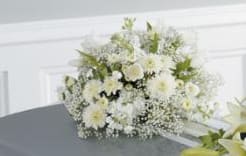 CTT12-31 - Youth Casket Spray with babies breath, white tulips, white daisy poms and white stock