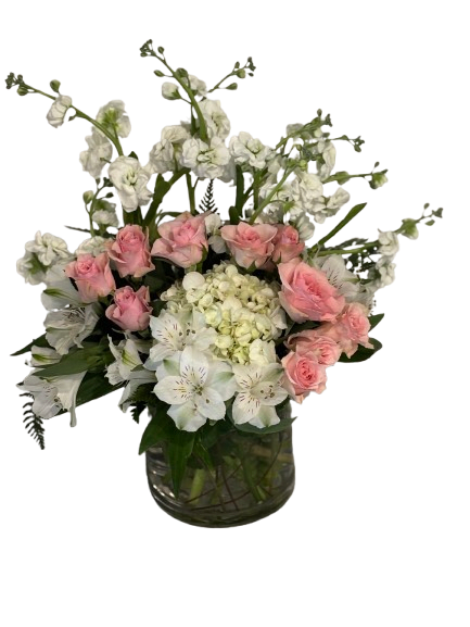 Pink and White Flower Bouquet - Pink Roses and White Stock sets off this adorable bouquet and will be a great gift for anyone you can think of who is special to you.