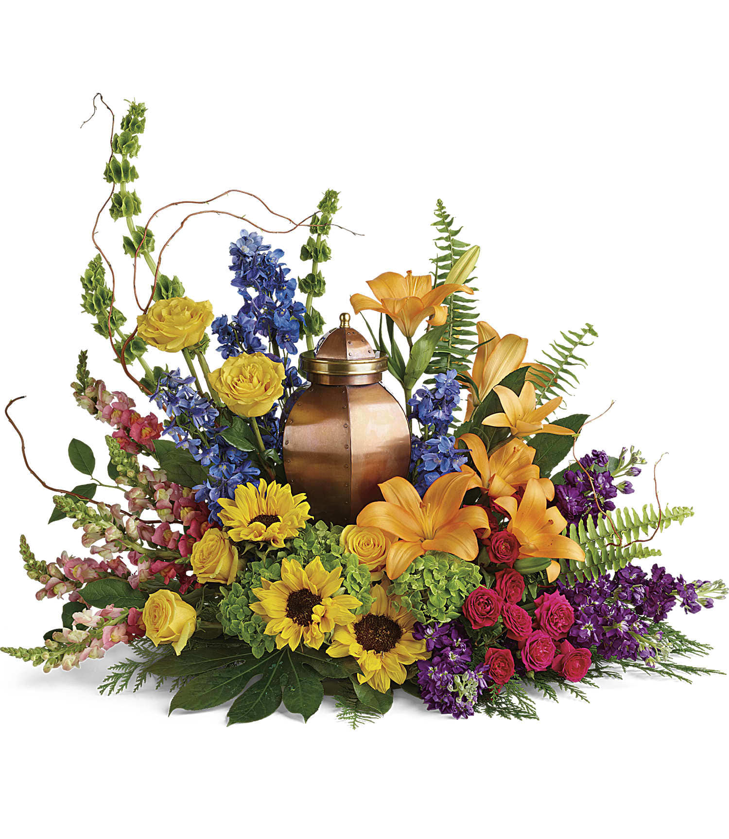 With All Our Hearts Cremation Tribute With All Our Hearts Cremation Tribute - Like a radiant rainbow on a gray day, this colorful bouquet of hydrangea, roses, and sunflowers brings a bright light of hope to the cremation urn and celebration of life. This colorful arrangement includes green hydrangea, yellow roses, hot pink spray roses, orange asiatic lilies, yellow sunflowers, bells of Ireland, blue delphinium, orange snapdragons, purple stock, curly willow, cedar stem, sword fern, aralia leaf, and lemon leaf. Arrangement does not include urn. T282-4A