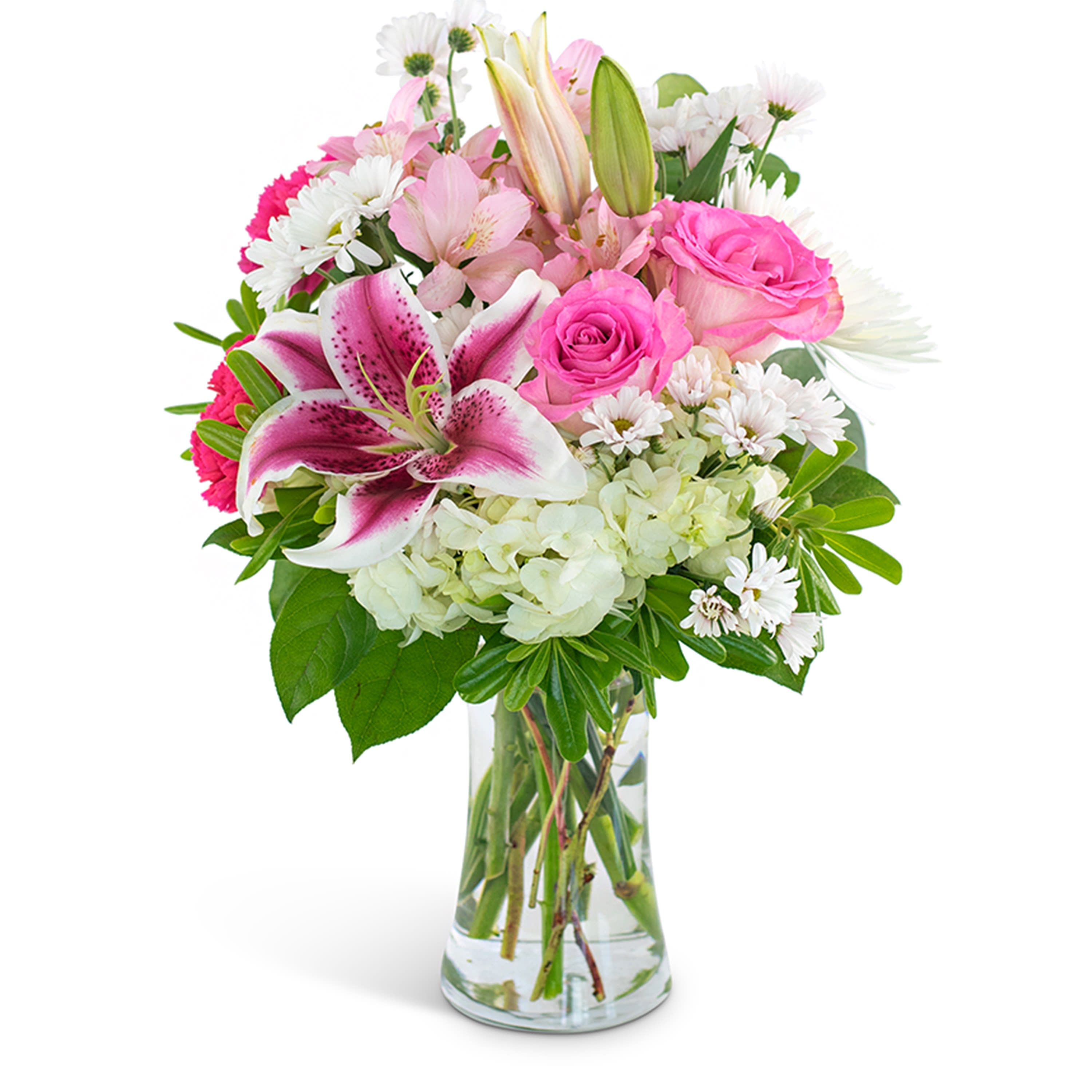 Watercolor Love Watercolor Love - A splish and splash of brilliance and vibrant colors! Watercolor Memory is a watercolor painting of flowers, brought to life. With fantastic white hydrangea, energetic alstroemeria and oriental lilies, accompanied by carnations and roses, Watercolor Memory is a great choice for a happy birthday gift, a thank you present of flowers or get-well bouquet. Approximately 8"W X 16"H TMF-1001