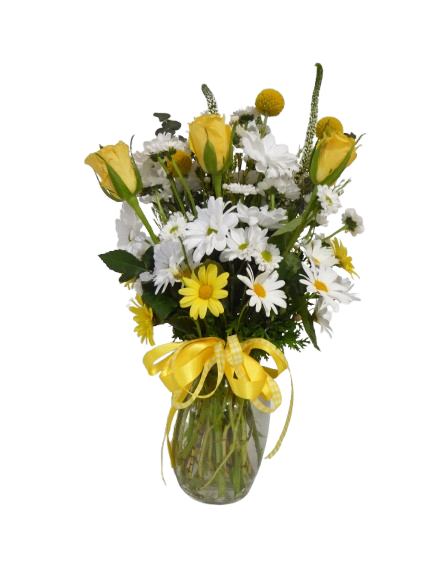 Yellow Rose Bouquet - Yellow Roses and White Daisies make this bright and cheerful arrangement which is a bouquet fit for anyone who loves the sunshine!