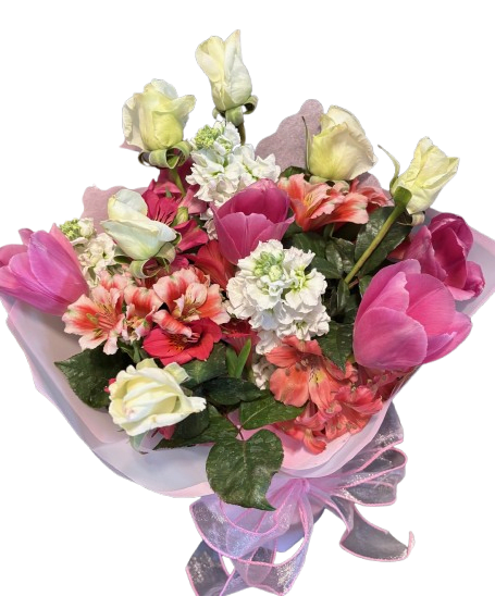 Bouquet Wrapped Roses Alstroemeria - This beautiful wrapped bouquet you can give to someone you want to honor with roses and other special flowers. It comes secured with a pretty bow.