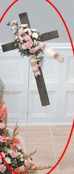 CTT75-11 - Standing Cross Spray with peach carnations, white daisy poms and white aster with assorted greenery