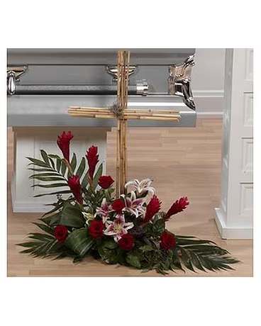 CTT89-12 CTT89-12 - Cross Arrangement with bamboo stakes, red roses, stargazer lilies, Ginger, lotus pods and a variety of specialty greenery