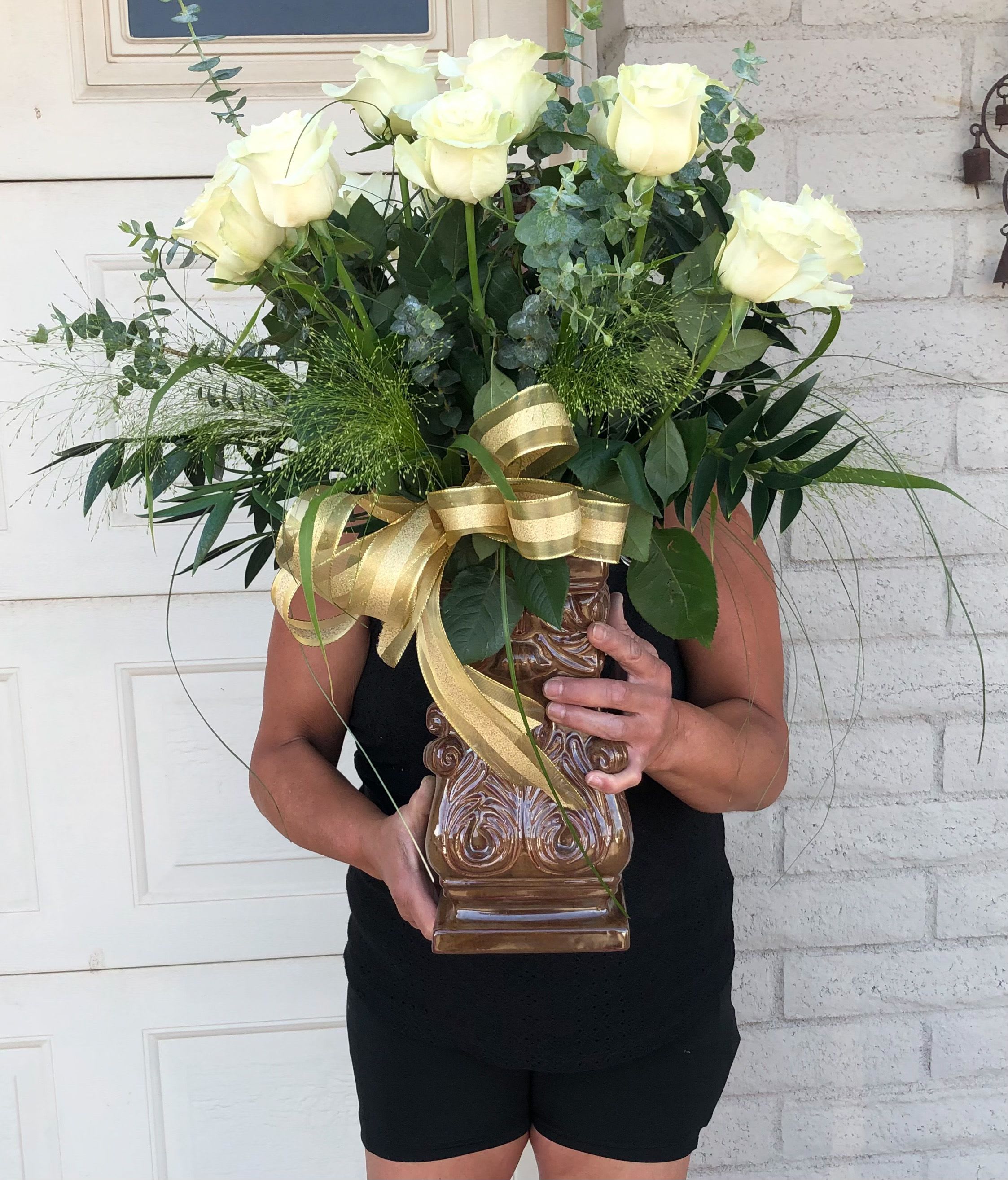 WHITE DOZEN - A DOZEN EXTRA TALL WHITE ROSES IN A CUSTOM VASE.