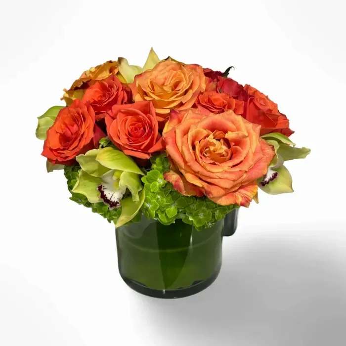 Emerald Radiance - Hydrangeas, orange roses, green orchids