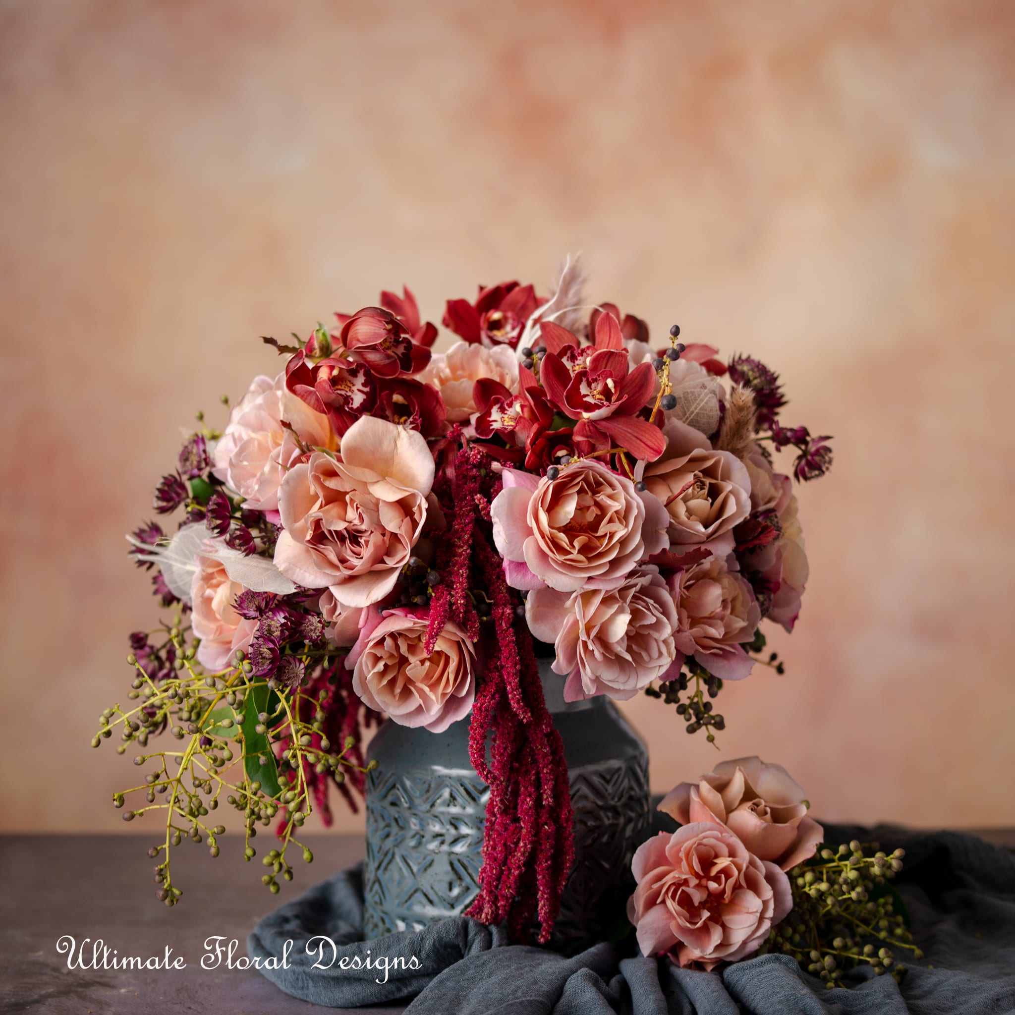Stunning Garden Roses - “Open the bloom of your heart and become a gift of beauty to the world.”– Bryant McGill Garden roses, Hanging amaranthus, Cymbodium orchids, Astrantia, Privet
