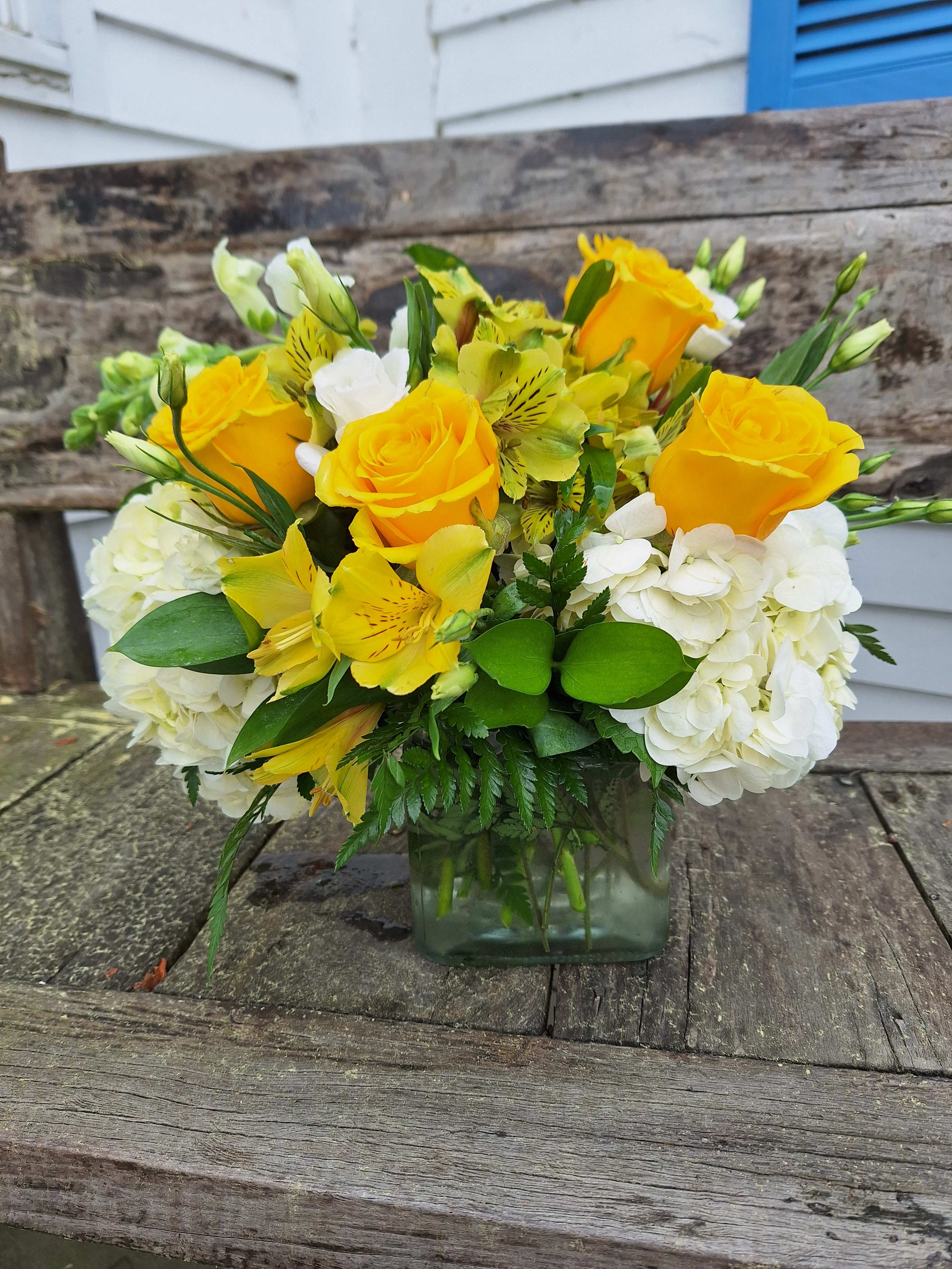  Sunshine Bouquet - Yellows and whites arranged in a cube, yellow roses, alstromeria and white hydrangea