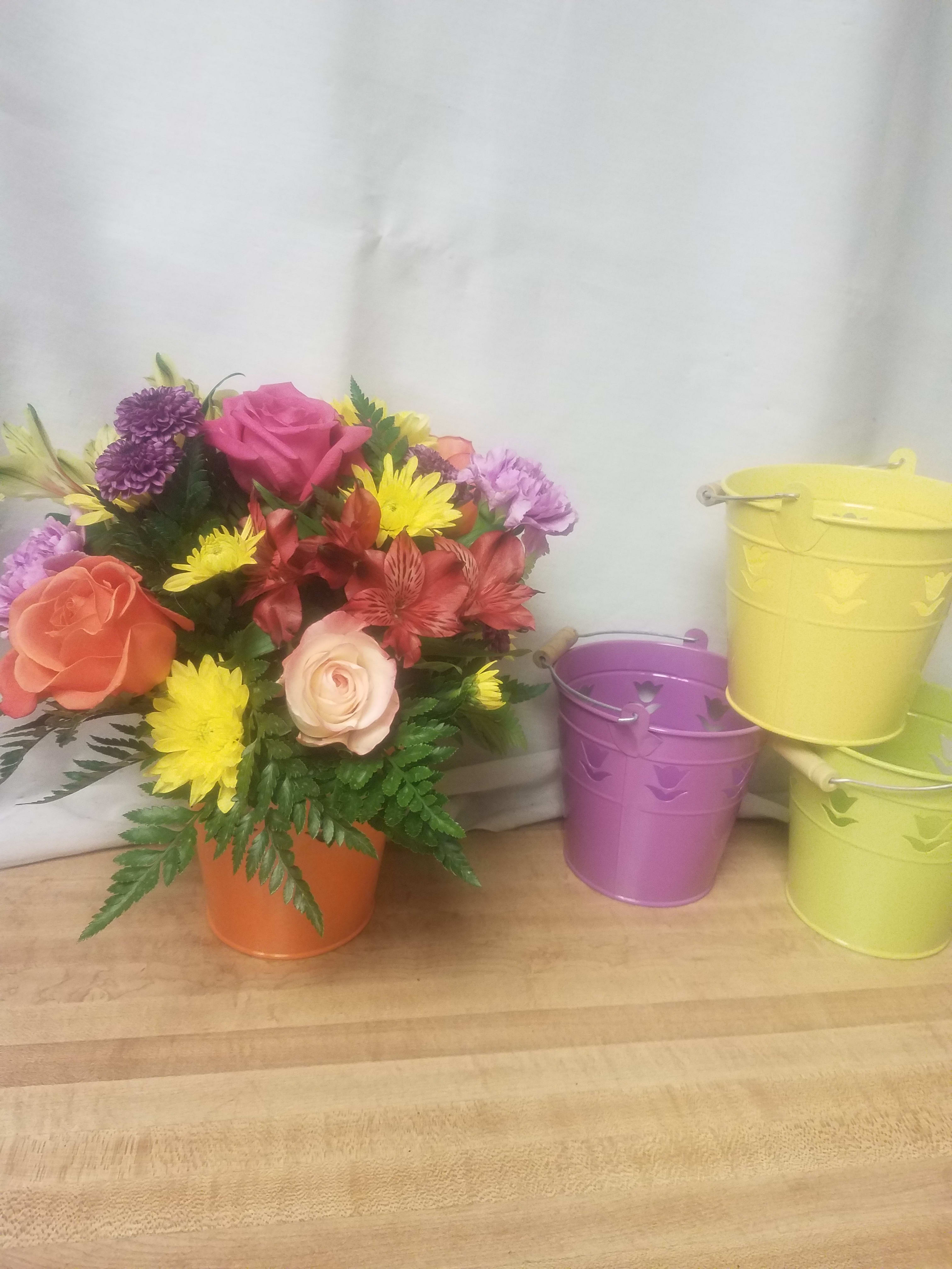 Not Too &quot;Pail&quot; - We will choose the brightest flowers and fill one of our colorful buckets including roses, alstromeria, and pompoms.