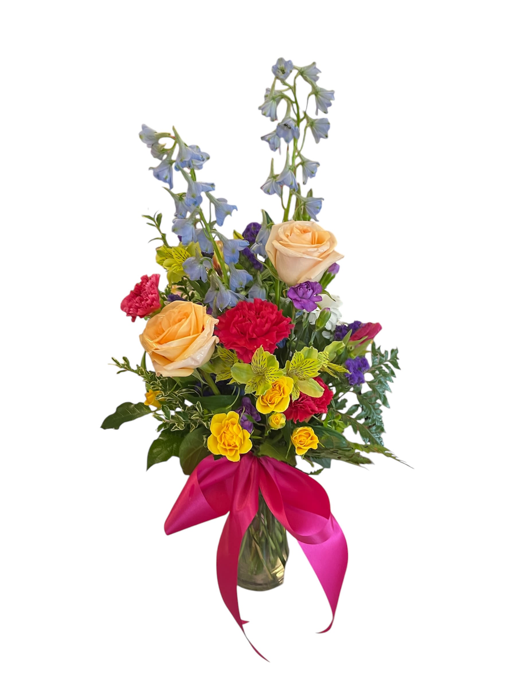 Bright &amp; Blissful Bouquet - A burst of colorful blooms sends a message of smiles and happiness! With blue Delphiniums, bright Chrysanthemums &amp; Roses, Alstroemeria &amp; more, tied up with a bright pink ribbon, you can only smile! 
