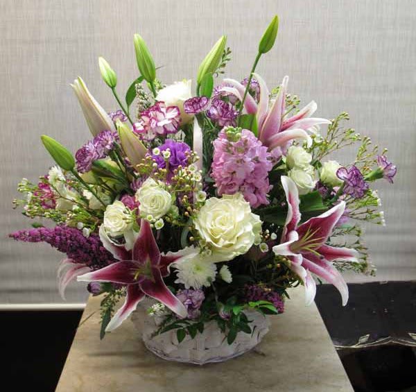 Pick Me Up Basket Bouquet (SM-14) - Star Gazer Lilies, Roses, Carnations and more. 