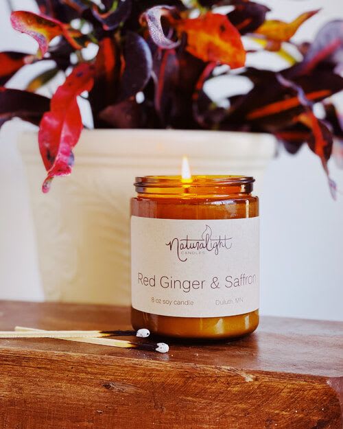 Natural Lights Candle, Red Ginger and Saffron Natural Lights Candle, Red Ginger and Saffron - Locally produced in Duluth and available in a 14oz jar.