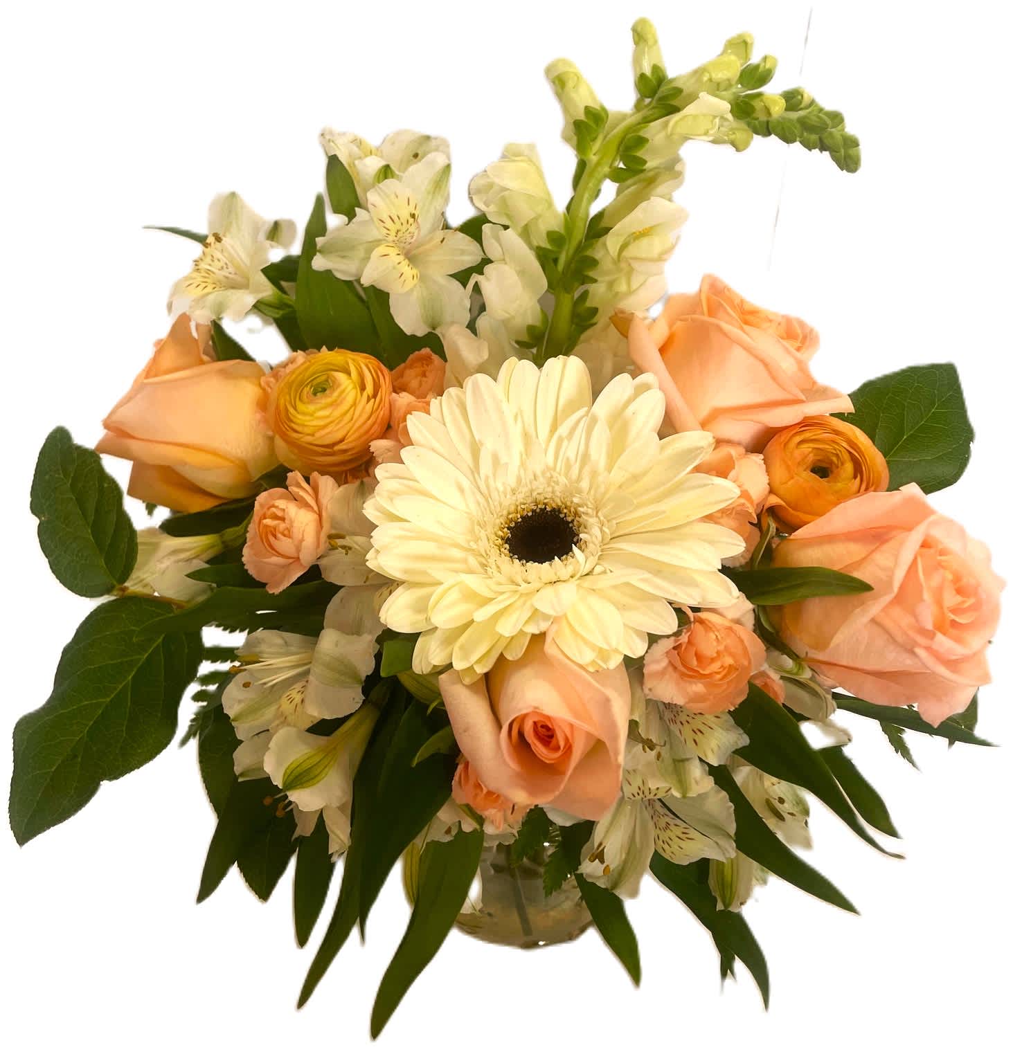 Just Peachy Just Peachy - Beautiful and soft, comprised of peach and cream flowers, with greens. In a premium butterfly vase (while supplies last). This is really pretty with a lovely color composition.