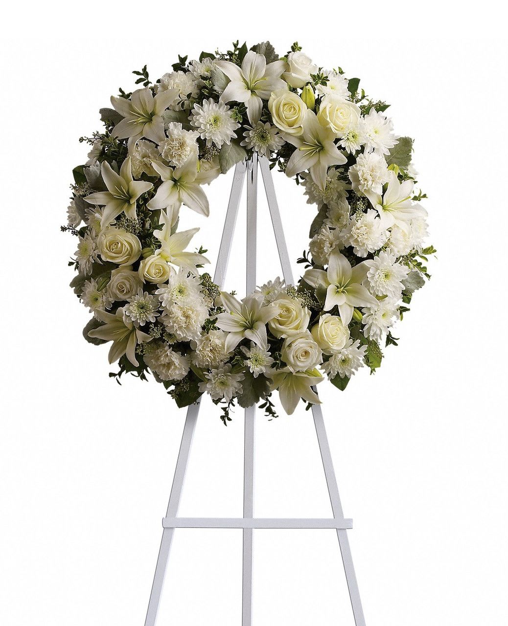 White Rose Serenity Funeral Wreath Spray - White Rose Serenity Funeral Wreath Spray from Sympathy Flower Shop. A classic ring of fragrant, bright white blossoms will create a serene display at any funeral service or wake. This pure white wreath is delivered on an easel, and is a thoughtful expression of sympathy and admiration.