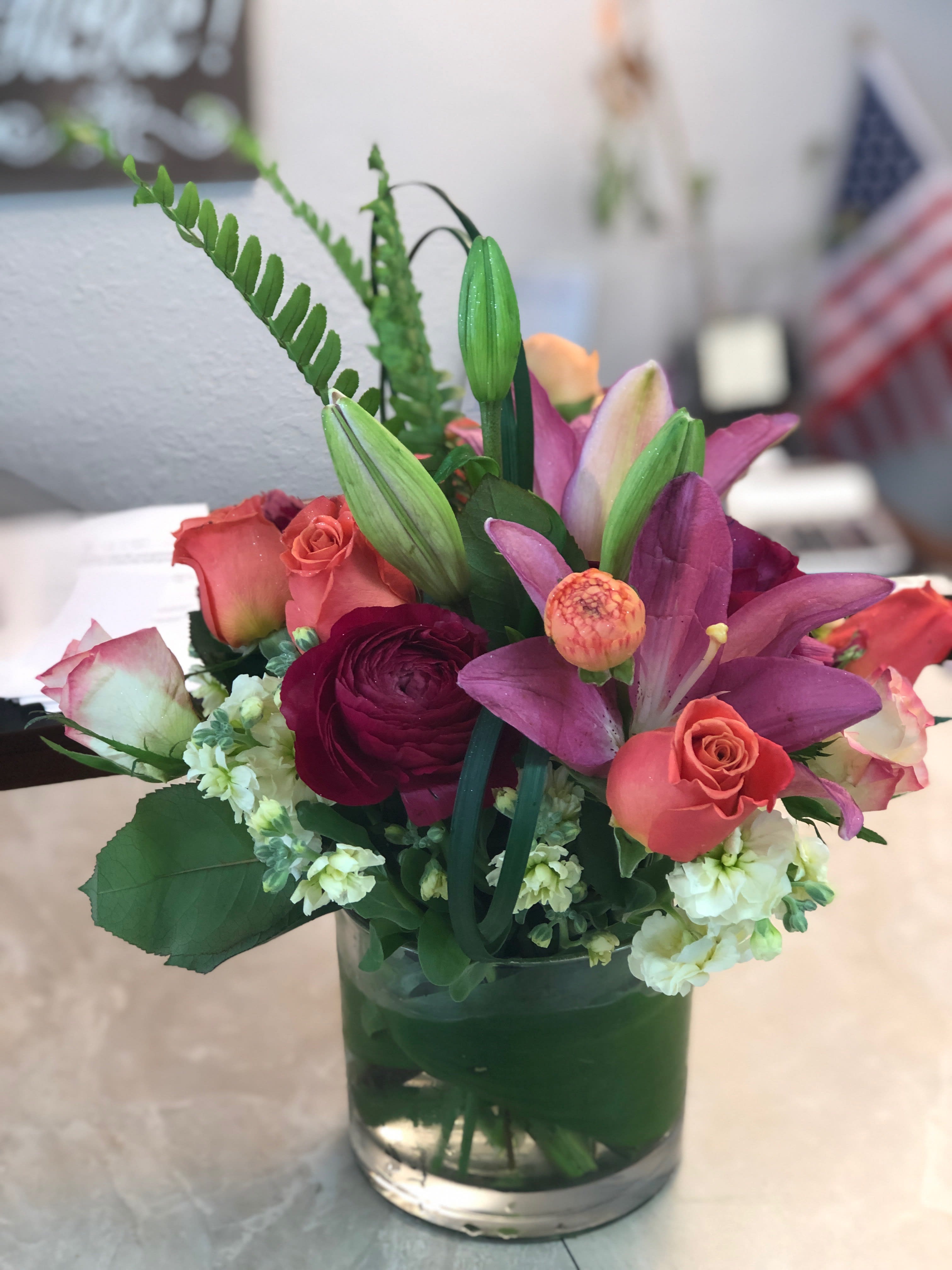 Cylinder Vase - Fresh mix of roses, stock, lilies and greens