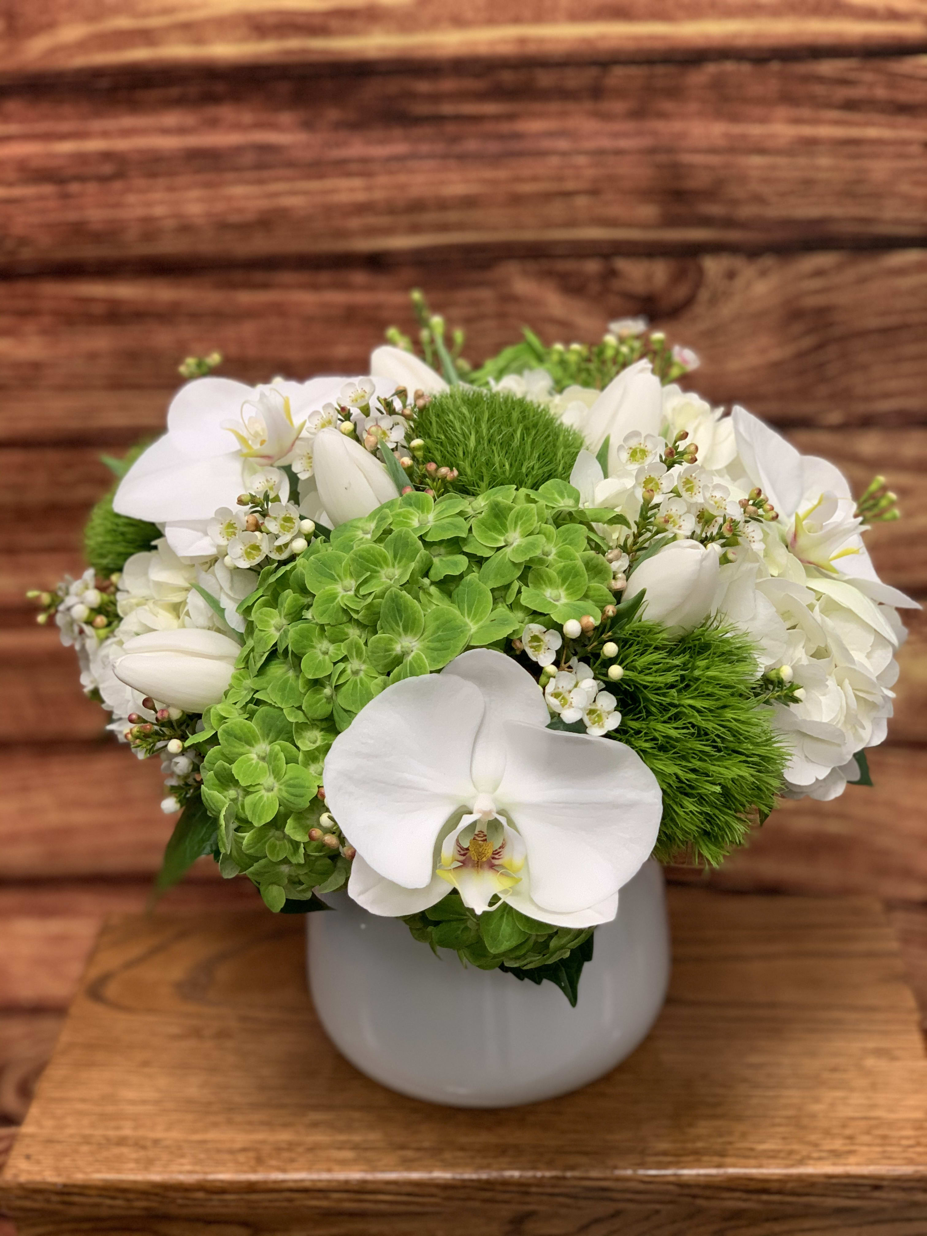 Verdant Verdant - A green arrangement accented with white orchids. A beautiful statement piece for the coffee table or mantle.