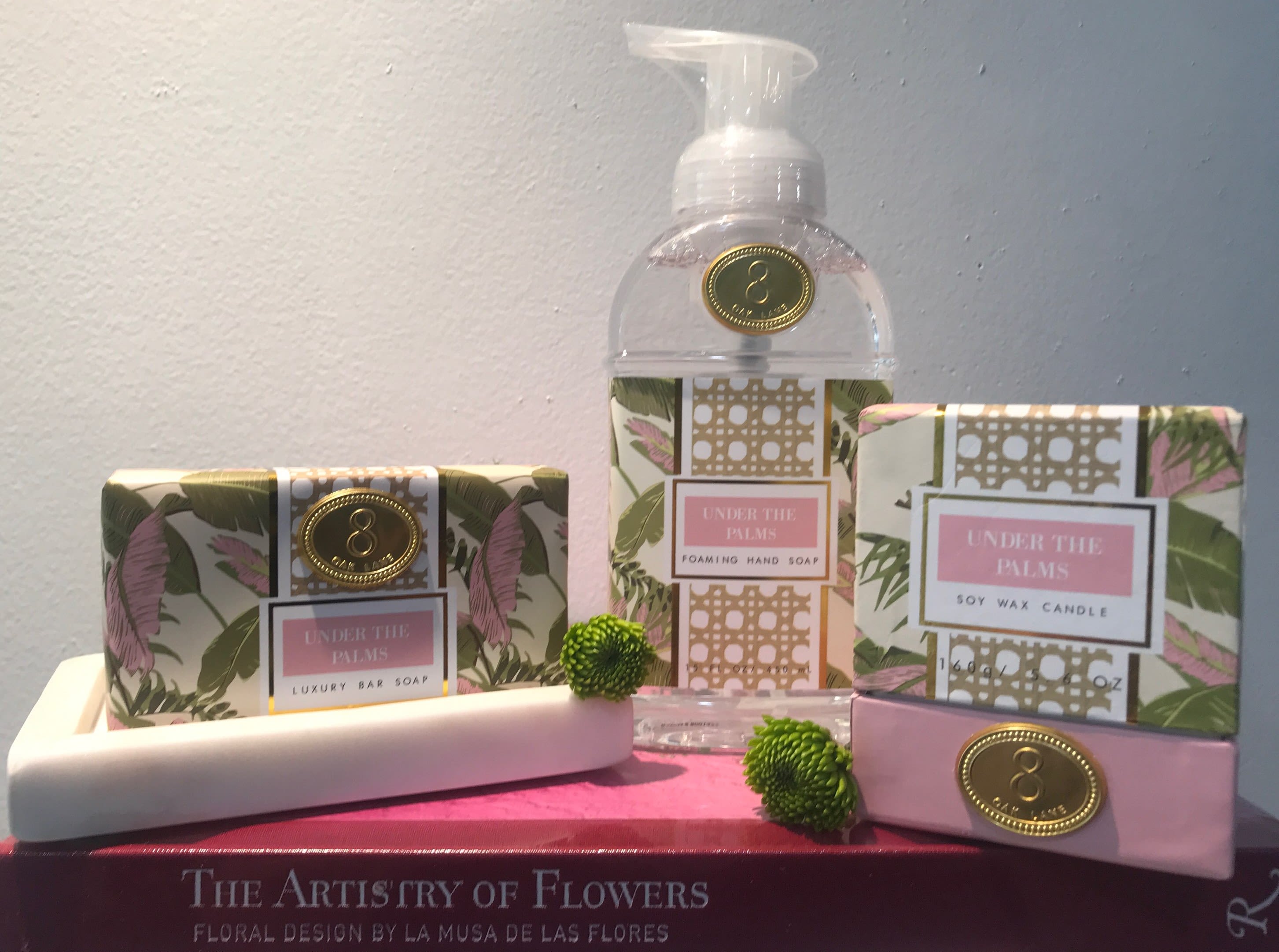 8 Oak Lane Under The Palms Gift Set - 8 Oak Lane Under The Palms will transport you to a place of comfort and relaxation with this wonderful scents. Delivered in a nice presentation.   Enjoy the journey! Comes with:  Ceramic Soap Dish. Luxury Bar of Soap.  Soy Wax Candle 5.6oz Foaming Hand Soap 15 fluid oz. 