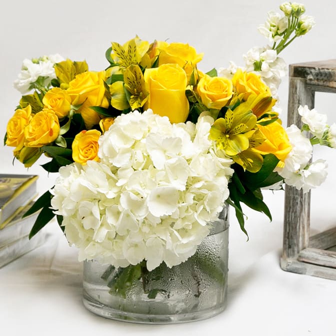 Renew AD16 - Some colors just renew us. This beautiful arrangement of yellow roses, alstroemeria and hydrangea is perfect to cheer someone up, or to send your best wishes on any occasion. 