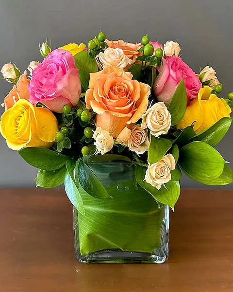 Rose Sorbet - Part of our popular cube collection - this rose pave in sorbet colors with hypernicum is the perfect gift for any occasion or as a refreshing addition to your home or office. NOTE: VERSION SHOWN ON PRODUCT CATEGORY PAGE AND PHOTO ABOVE IS THE LARGER/FULLER VERSION.   All prices in USD ($)