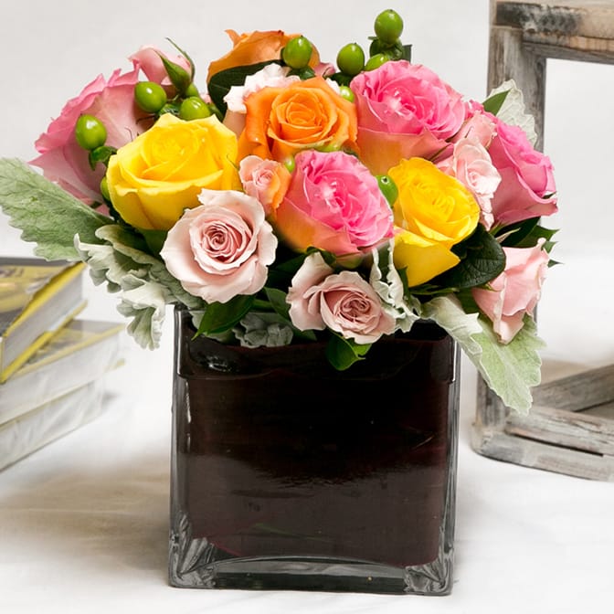 Rose Sorbet AD18 - Part of our popular cube collection - this rose pave in sorbet colors with hypernicum is the perfect gift for any occasion or as a refreshing addition to your home or office.