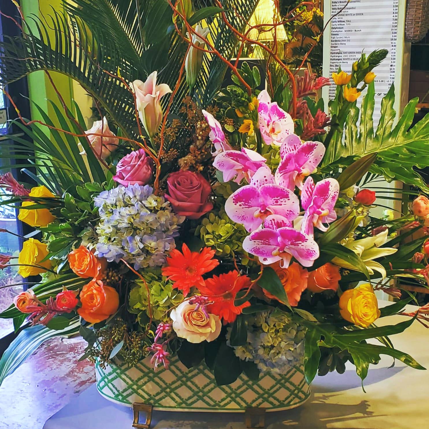 Exquisite Heirloom Cachepot filled to overflowing with designer's choice premium flowers! CALL 912.638.7323 TO DISCUSS OPTIONS! - Exquisite Heirloom Cachepot by Port 68 filled to overflowing with designer's choice premium flowers! An over the top gift for your order. CALL 912.638.7323 TO DISCUSS OPTIONS!