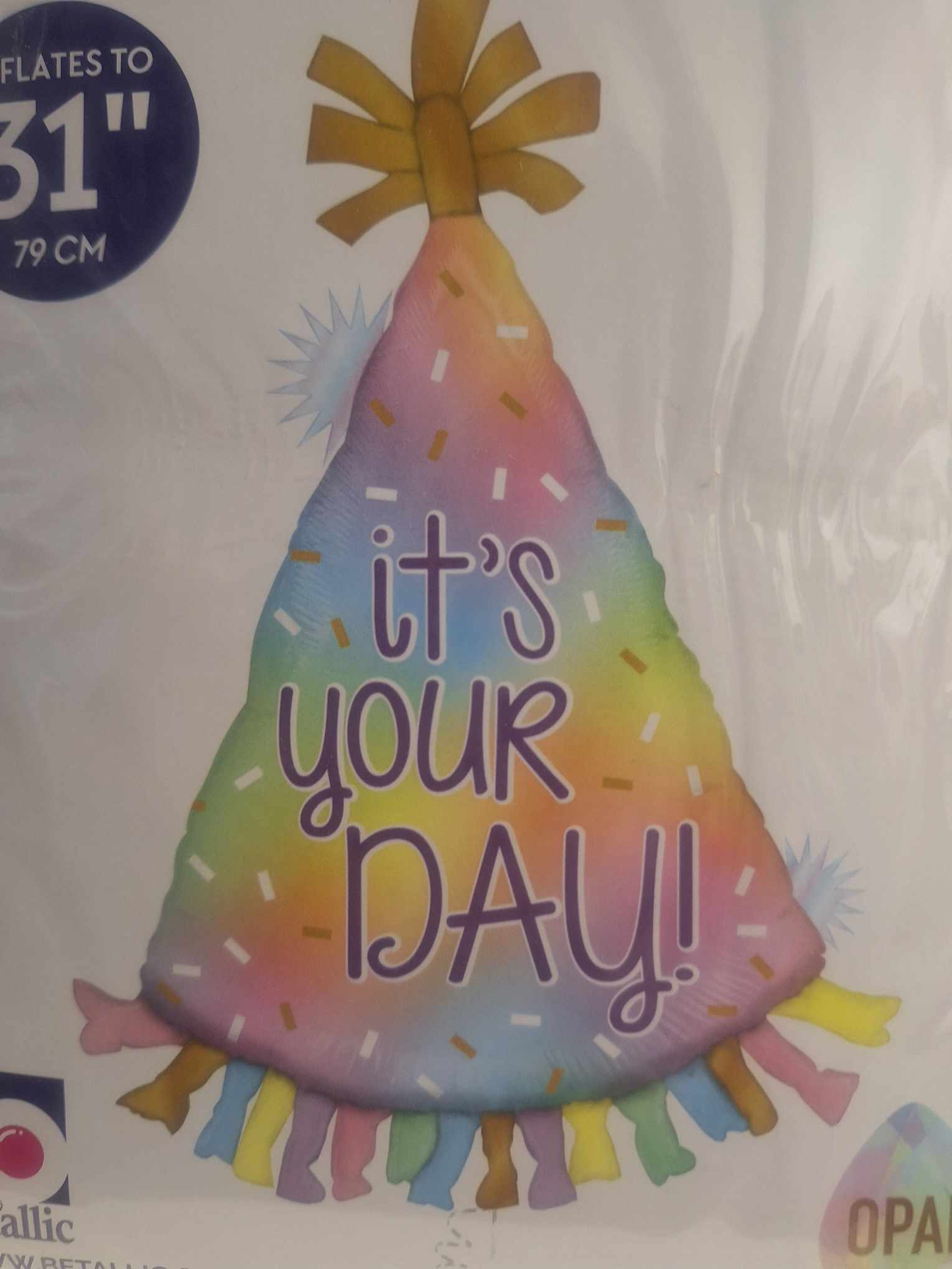 It's Your Day Mylar Balloon It's Your Day Mylar Balloon - 31in helium filled mylar balloon can be add to any balloon bouquet, stuffed animal, box of chocolates, or floral arrangement.