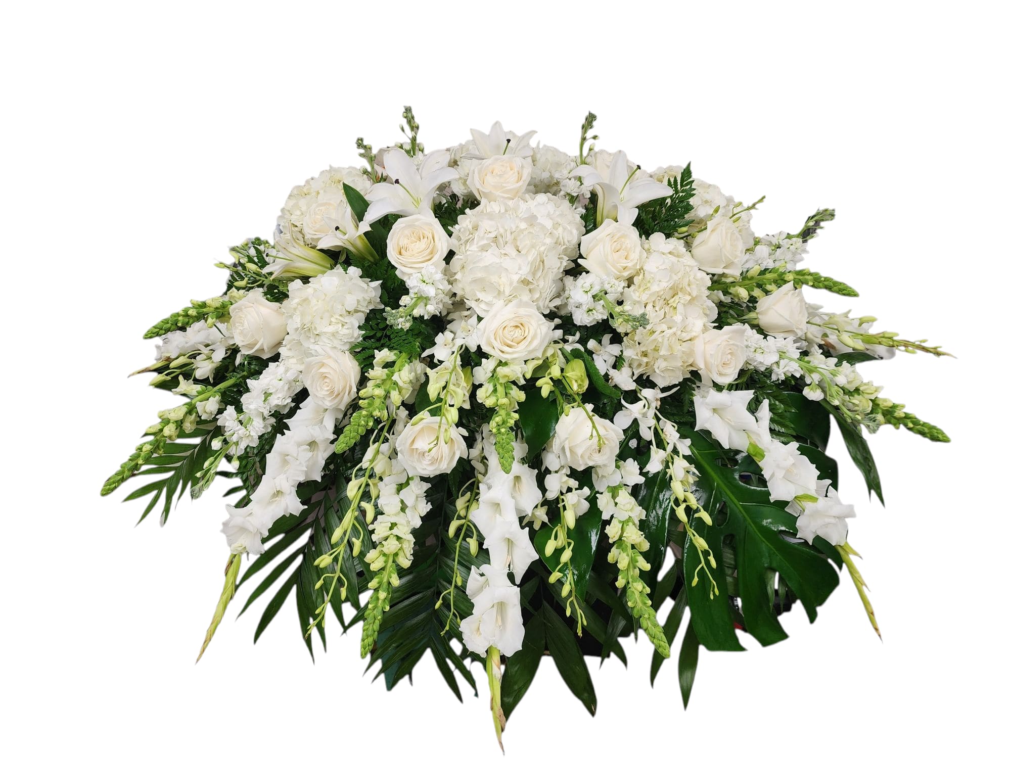 All White Casket Spray  - Casket Spray Made Up Of Glads, Snapdragons, Stock, Dendrobium Orchids, Hydrangea, Lilly's, Roses And Lush Accenting Greenery.