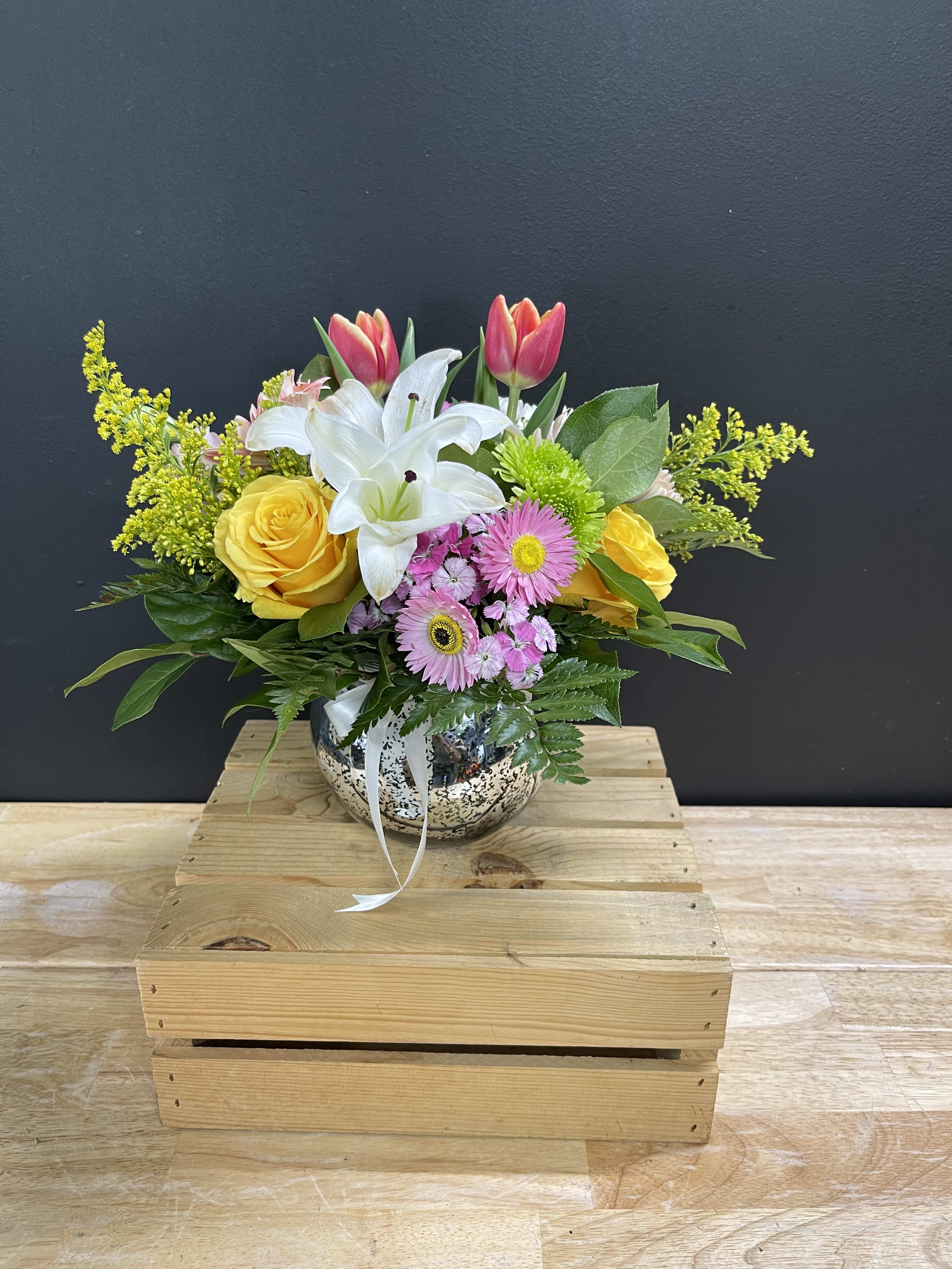 mamie - a colorful selection of in season flowers in our beautiful bubble vase 
