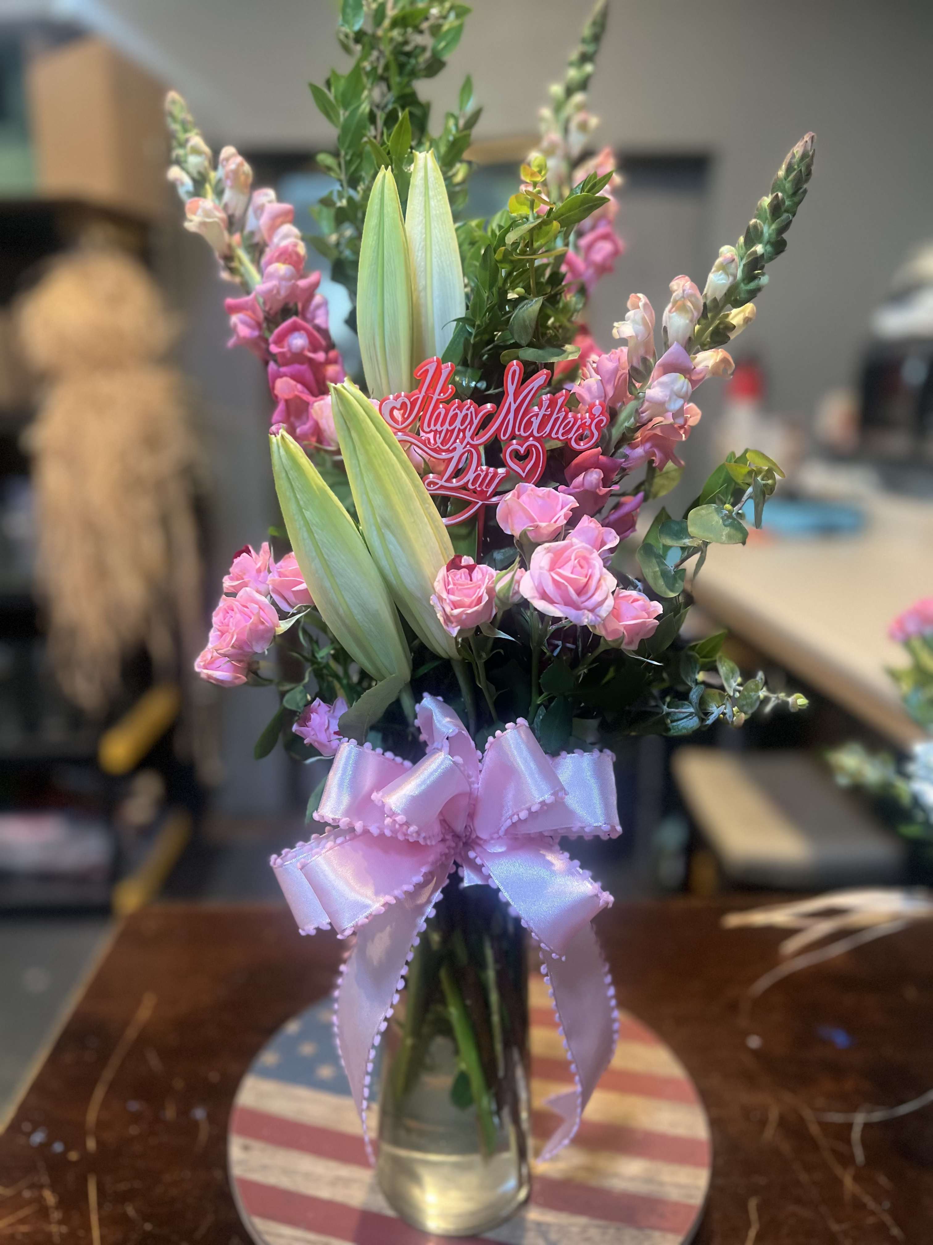 Pink Mother Dreams - Pink flowers with greenery in a vase