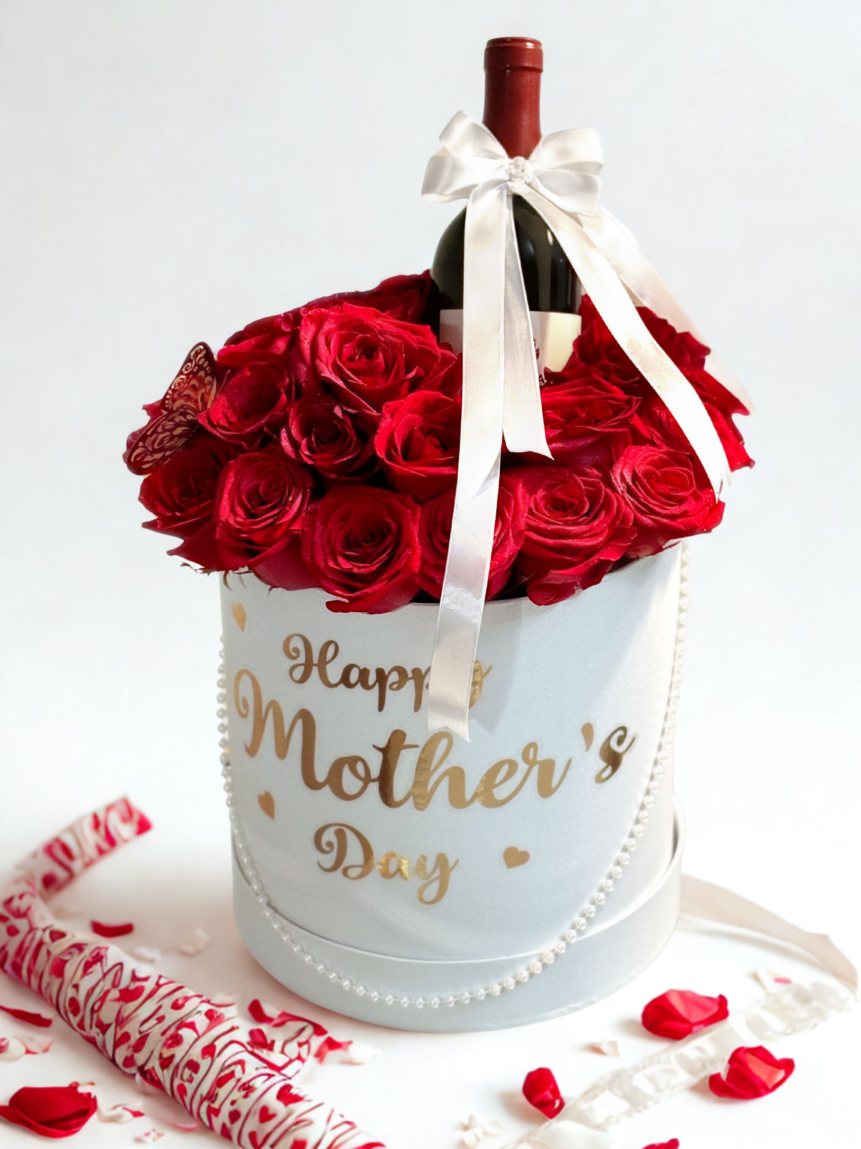 Deluxe Mothers Day Deluxe Mothers Day - Mothers Day box - Red roses and Stella Rose wine. Box could be either white or pink color based on availability. Surprise MOM with our flowers