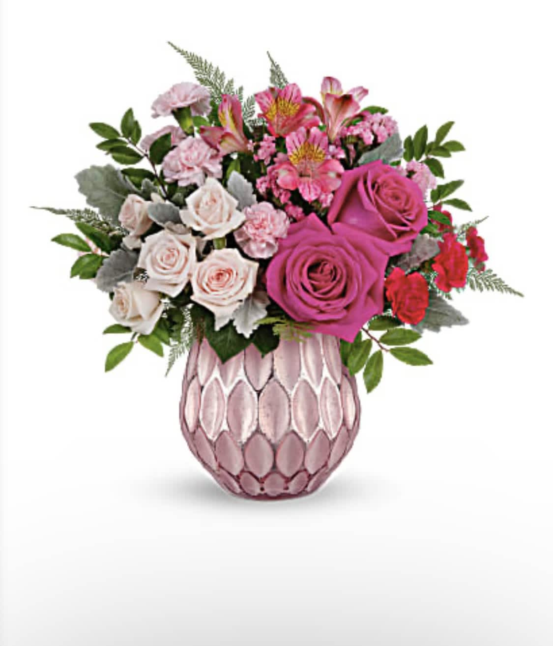 Pretty Love Bouquet by Charlene - Keep 'em blushing this special Day with the prettiest pink roses, presented to perfection in a sculpted pink glass vase with a fabulously frosted, faux mercury glass finish. This arrangement features hot pink roses, light pink spray roses, dark pink alstroemeria, miniature pink carnations, pink sinuata statice, dusty miller, huckleberry and leatherleaf fern. This perfectly pink bouquet is delivered in our Pretty Love Vase. 
