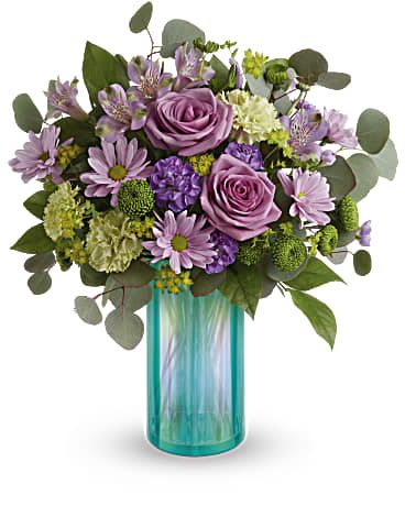 Iridescent Dream Bouquet - Make all their spring dreams come true with this lush lavender and green bouquet, presented in breathtaking aqua glass with lustrous iridescent finish.