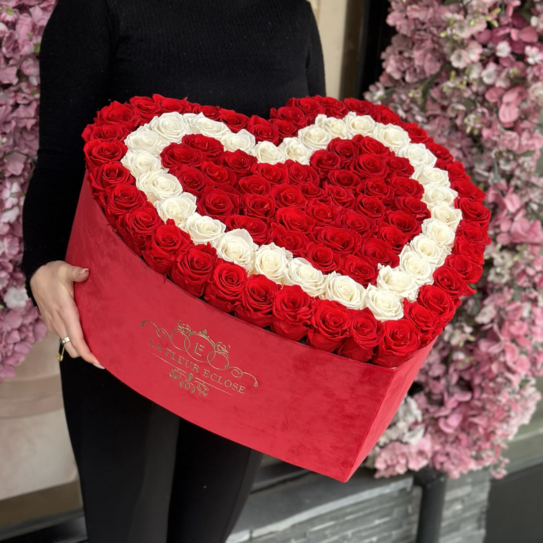 Preserved roses- Heart Me V - White &amp; red preserved roses in a velvet heart signature box.  Preserved roses last up to one year. 