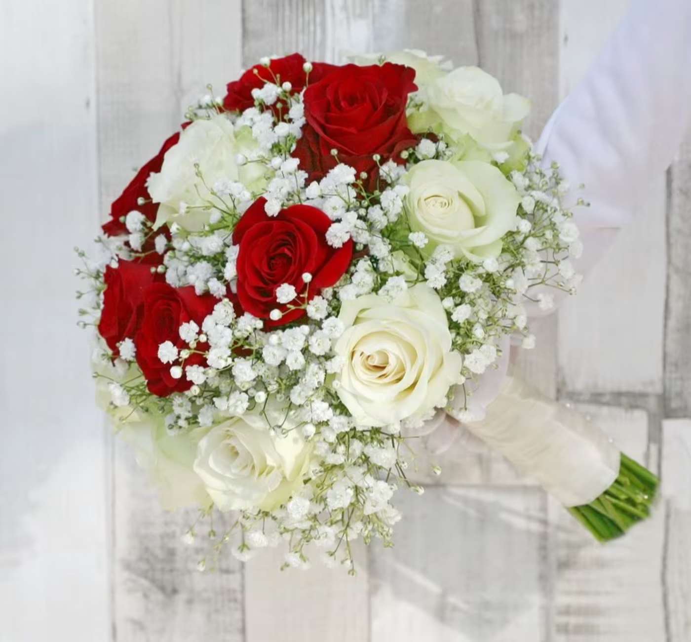 White and Red Roses Bridal Bouquet - Bridal bouquet with 10 white roses, 5 red roses and baby breath