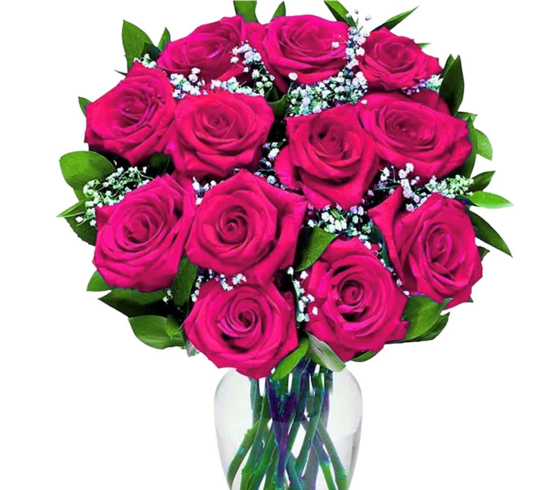 Hot Pink Roses 12ct Hot Pink Roses 12ct - This all-hot pink flower arrangement is hand-arranged with 12 long stem pink roses, a wonderful way of letting someone in your life know they are important to you on this special day. These hot pink roses are delivered in a clear vase.