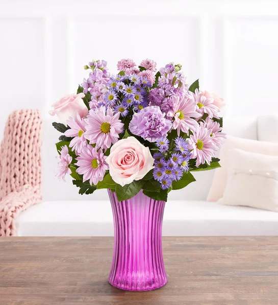 Dreaming of You - Purple vase, pink roses, lavender carnations, lavender daisies, purple monte, lavender stock and greenery 