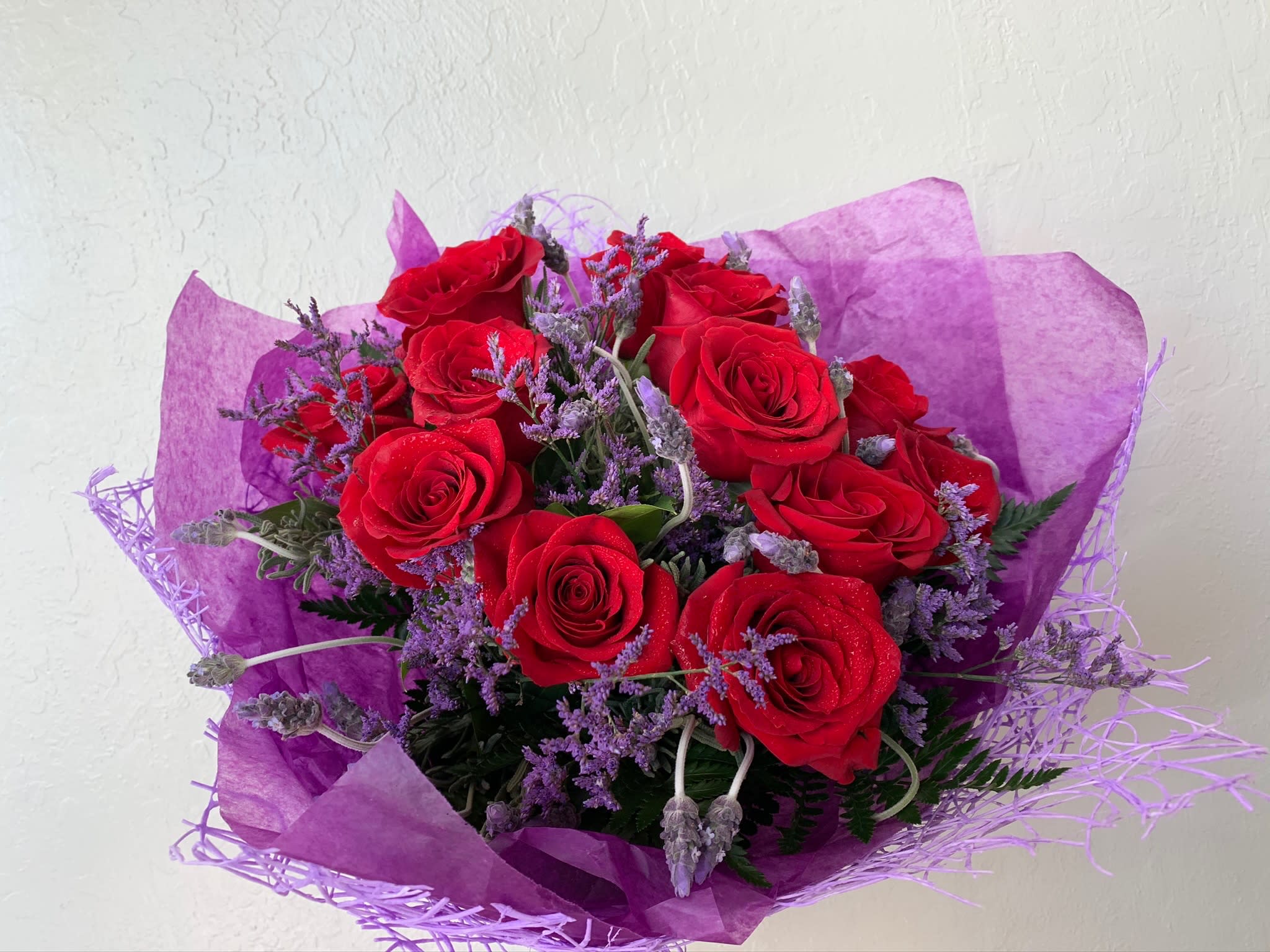 Rose &amp; Lavender Wrapping Bouquet  - This romantic bouquet of roses and lavender is both beautiful and fragrant, and is the perfect gift for any loved one.   Standard: 12 stems roses Deluxe: 18 stems roses Premium: 24 stems roses