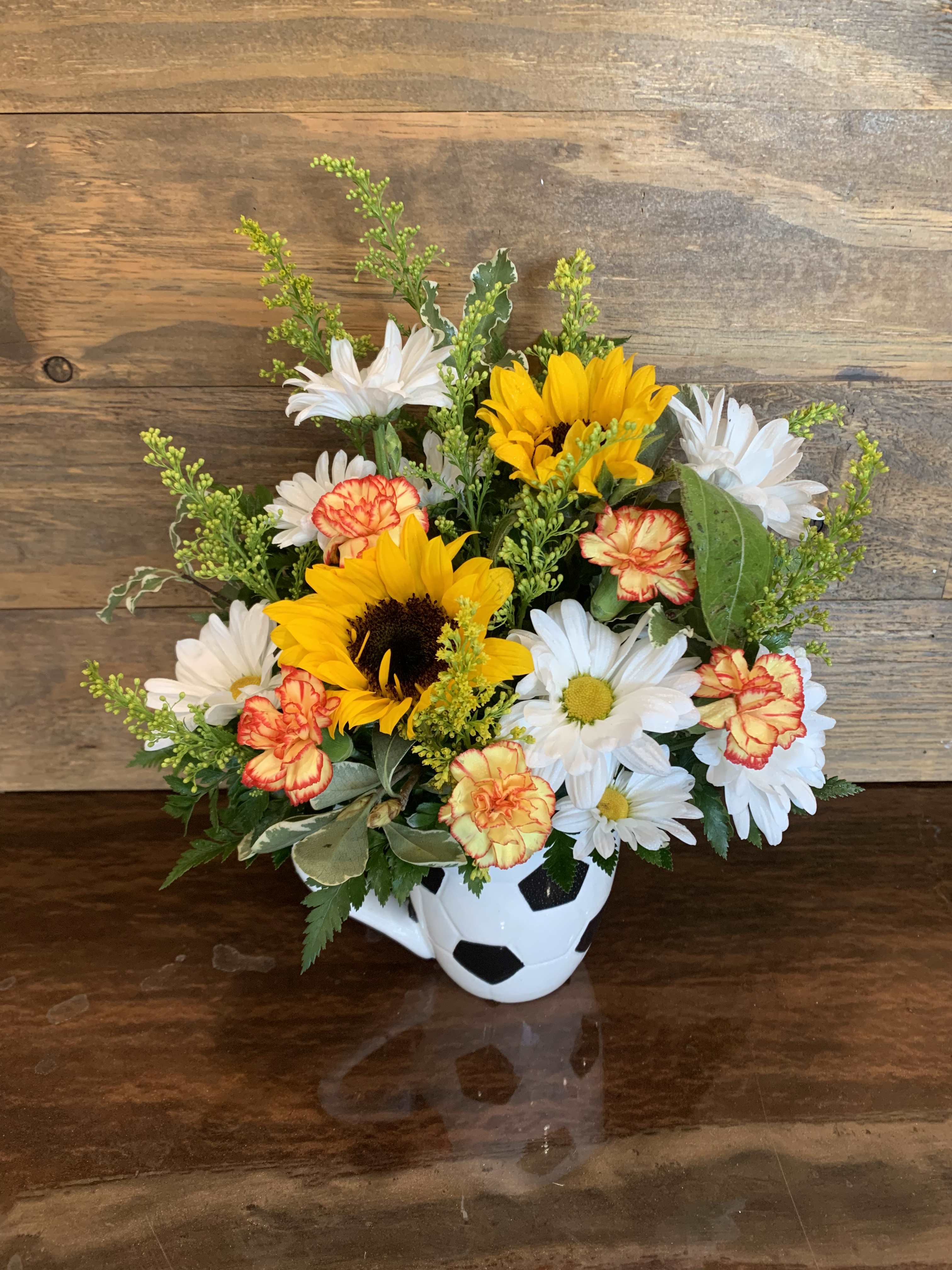 Soccer Days - Fun soccer mug with sunflowers and cheery daisies.