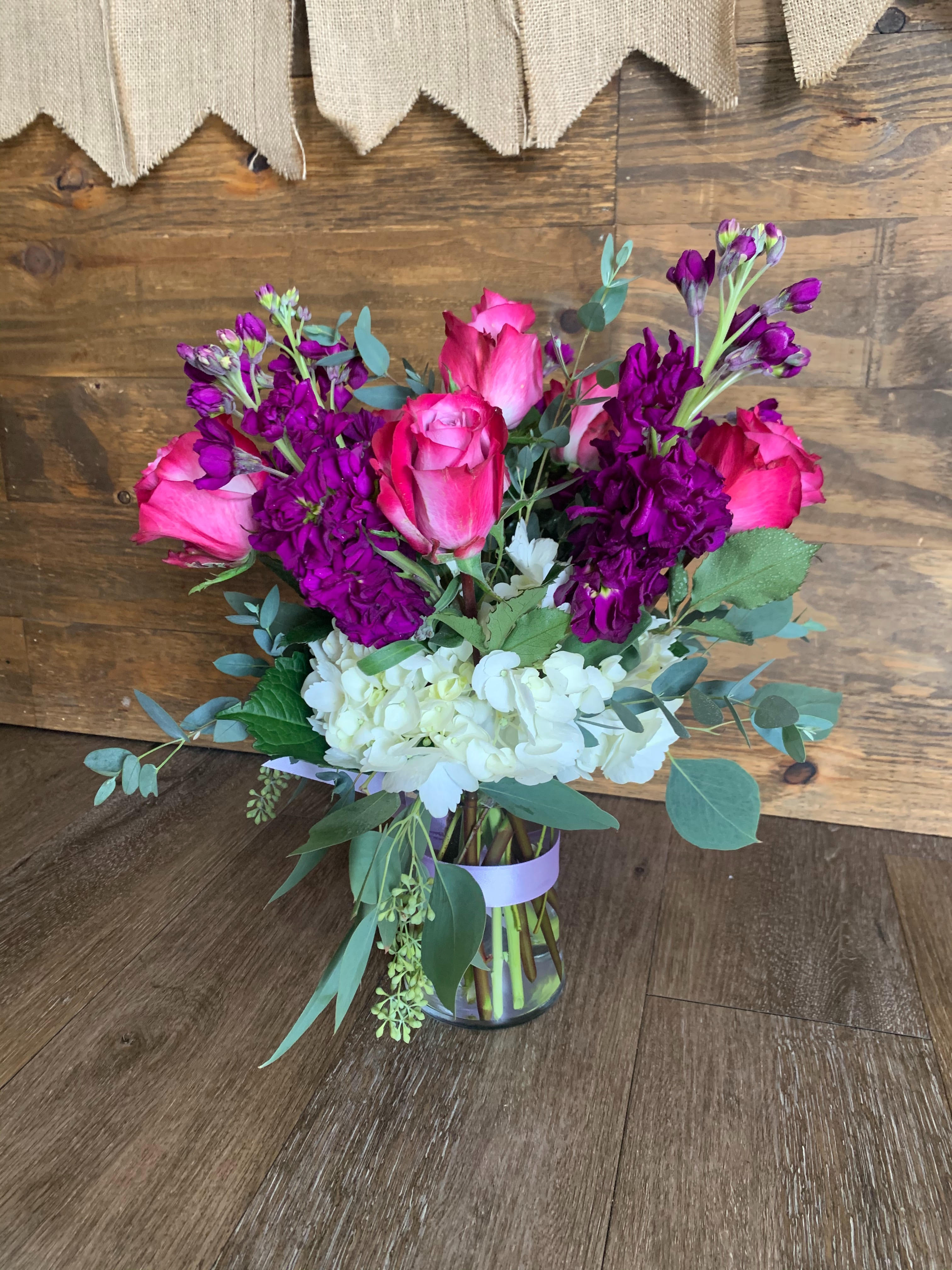 Stylish Spring - Beautiful and elegant arrangement of roses, stock and hydrangea and more. 