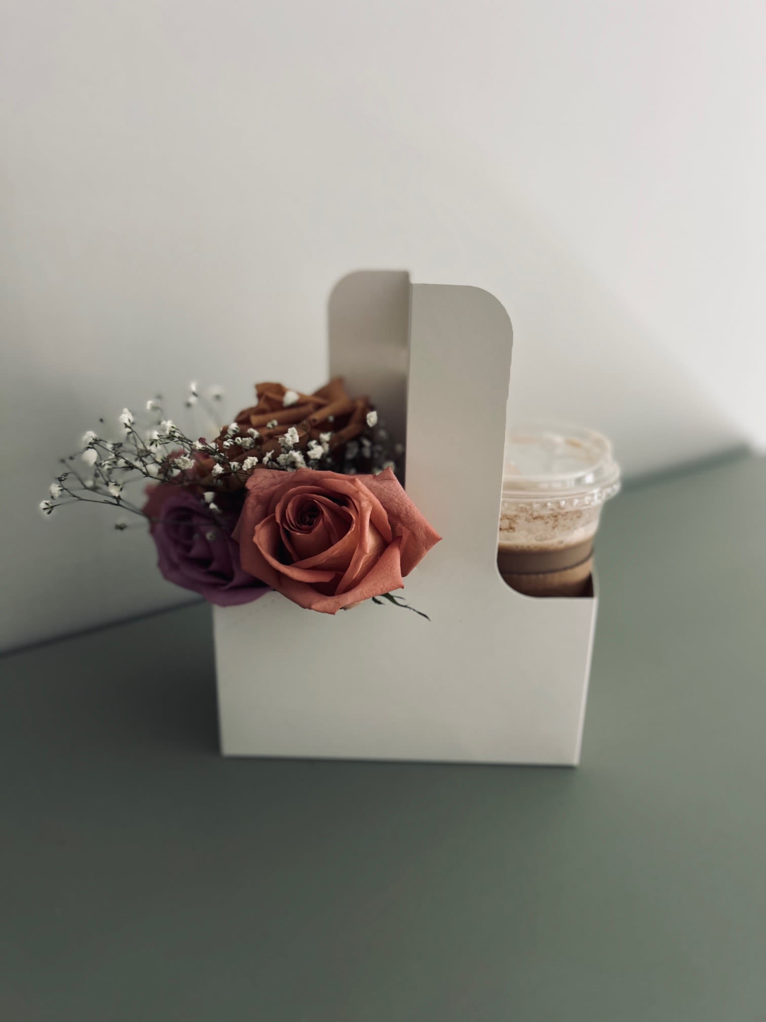 Flower/Drink Carrier Gifts - Grab your loved ones favorite coffee or drink and add to this adorable carrier gift. A variety of rose color and designs available. Coffee/Drink not included.