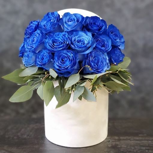 BLUE ROSES IN ANY BOX - Blue Roses in a White Box with Eucalyptus Accents in two sizes: Standard- 18 Roses and Deluxe - 24 Roses