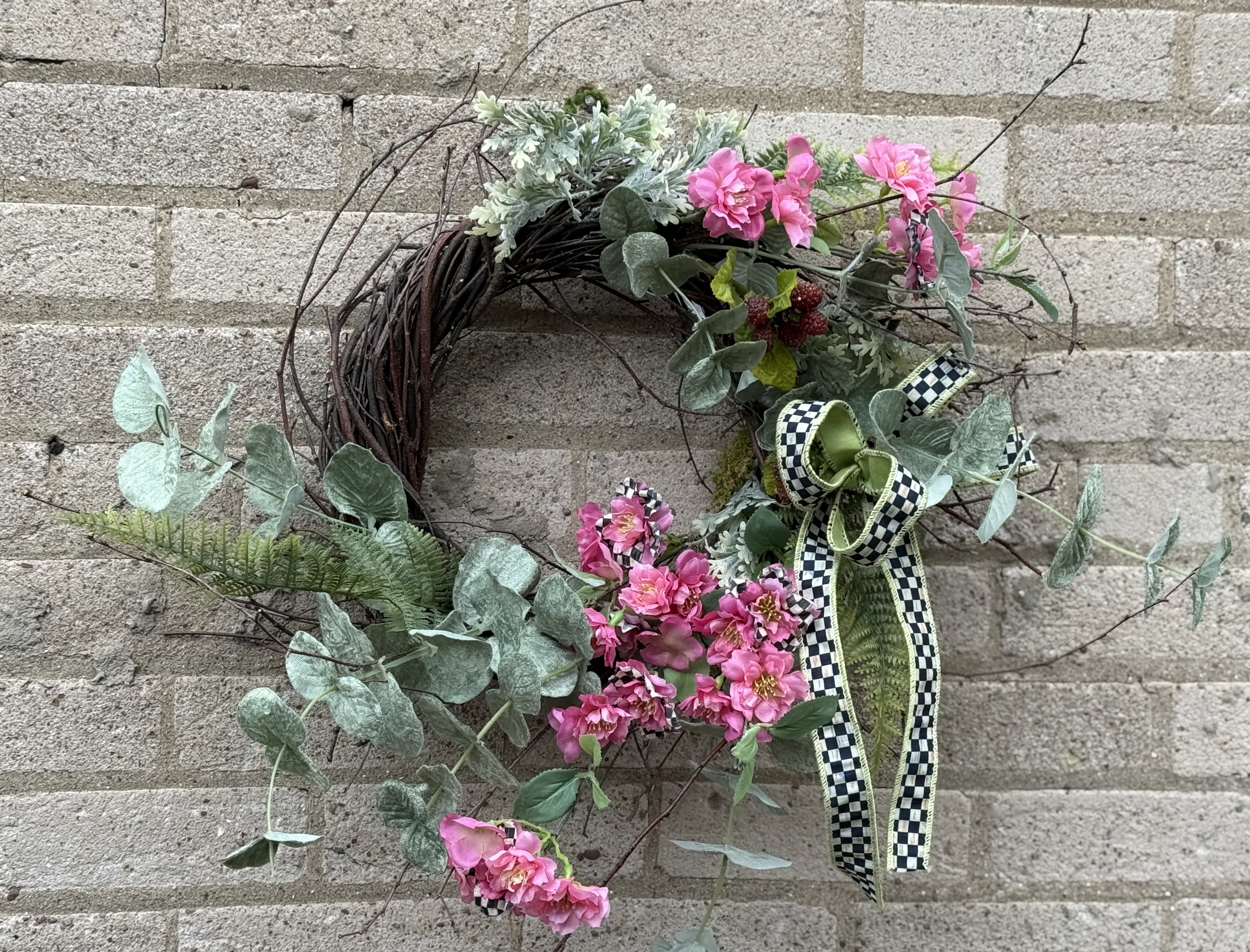 Mother’s Day Wreath - A custom designed wreath for Mom, perfect for a door or special space in her home, Mackenzie-Childs ribbon as a special touch.