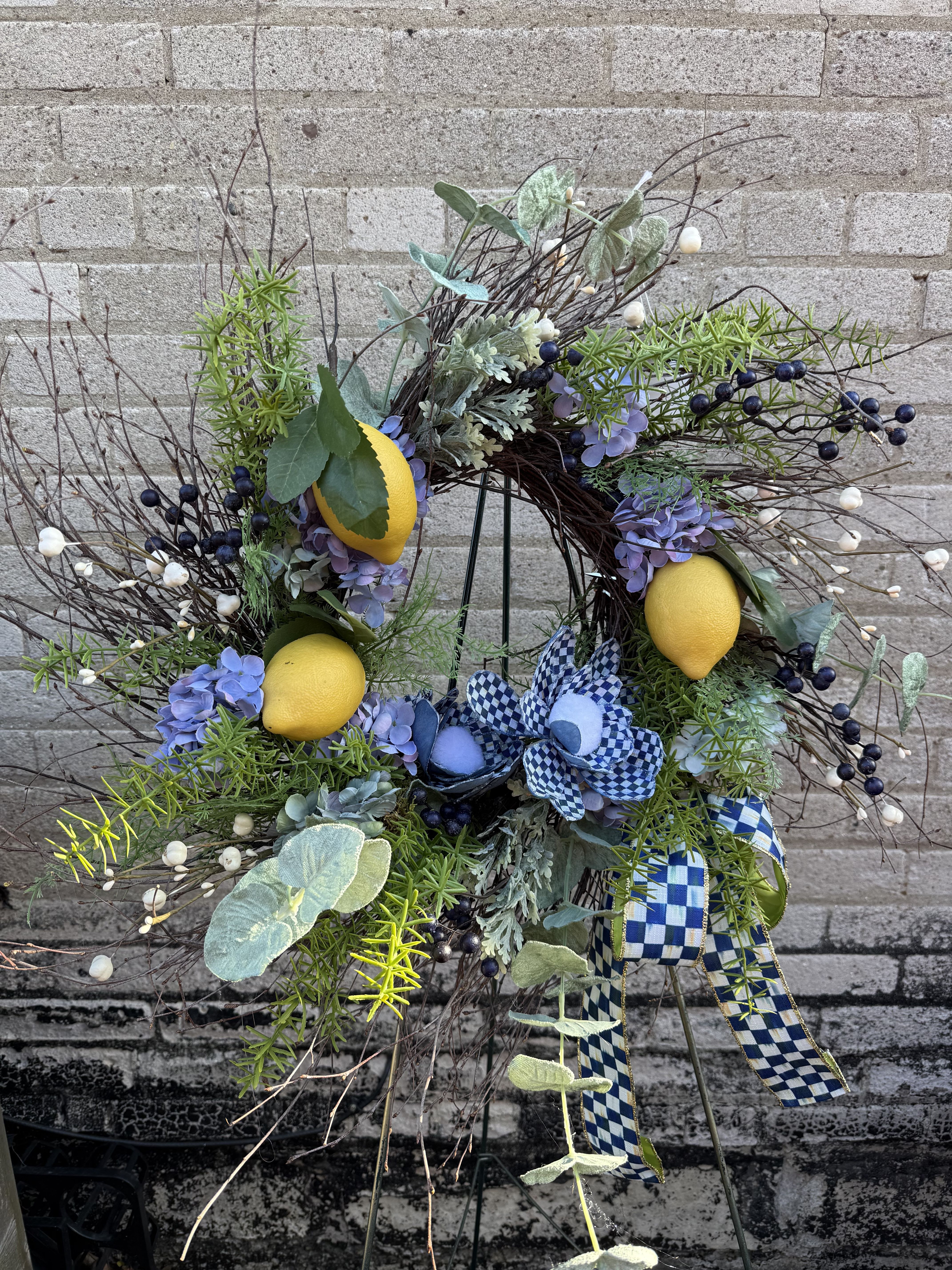 Blue and White MacKenzie-Childs Wreath - Custom made 26 inch wreath with MacKenzie-Childs ribbon and flowers. A stunning addition to your front door and perfect for Mother’s Day as she can keep it and put it out with the seasons.