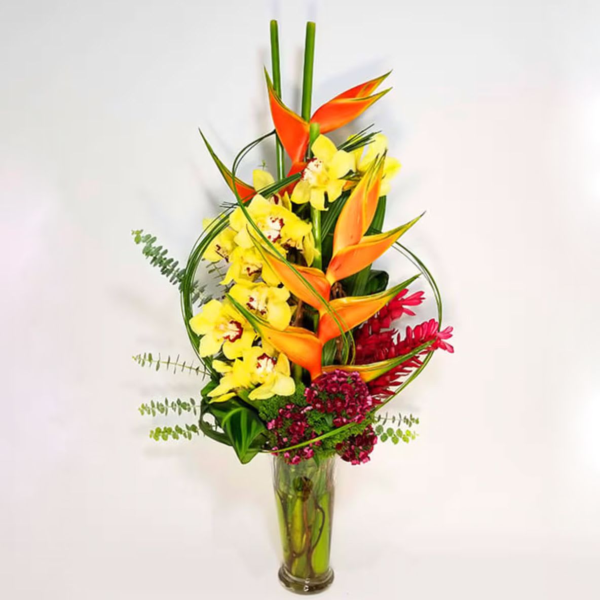 Tropical Punch brunch - Modern Floral Arrangement of Birth Tropical Flowers and Exotic Greenery.   Approximately 32&quot; H by 18&quot; W  ( This arrangement required 24 hours in advance to complete )