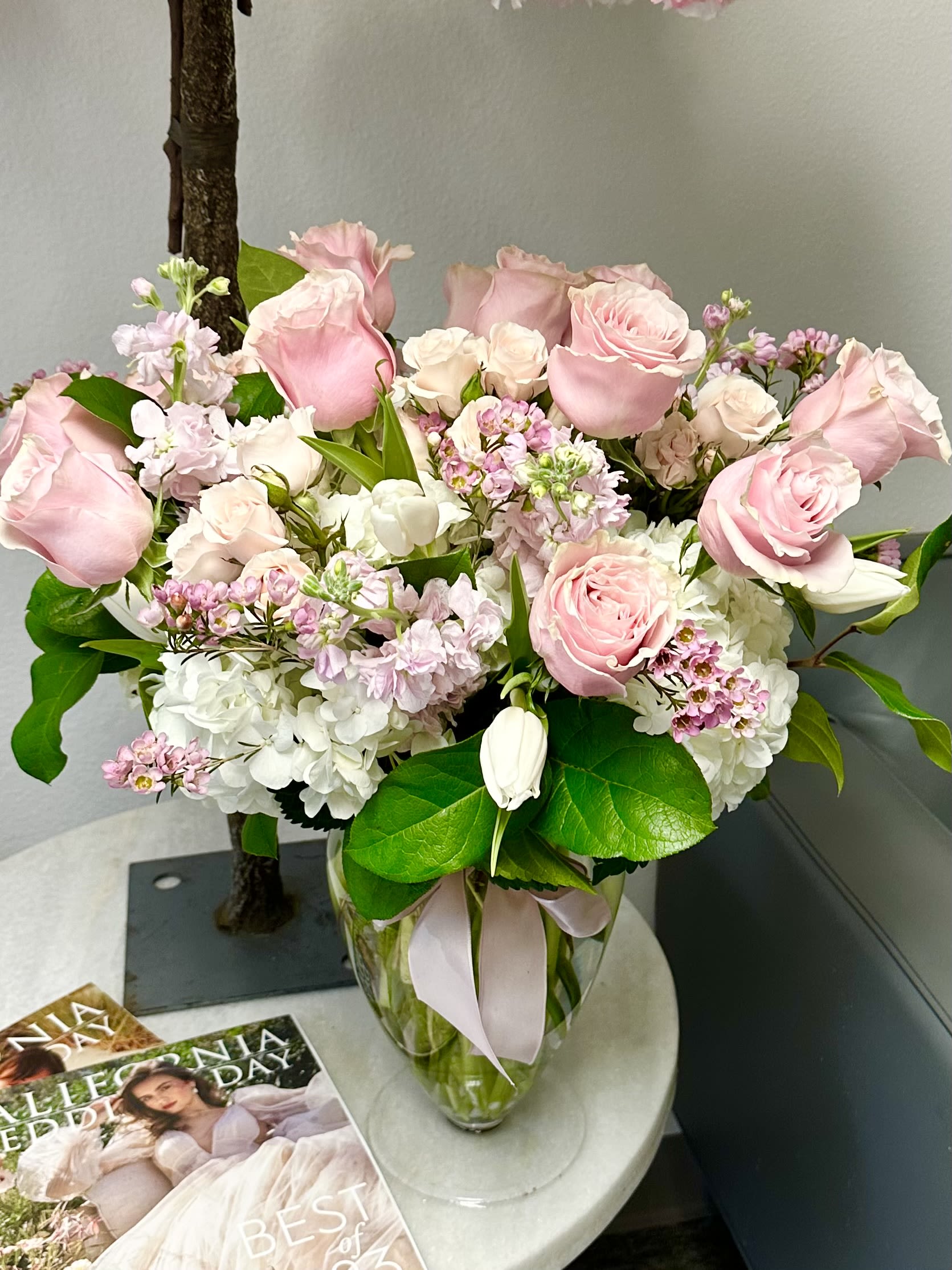 Tall vase arrangement with white and pink flowers - White and pink tall arrangement in a vase
