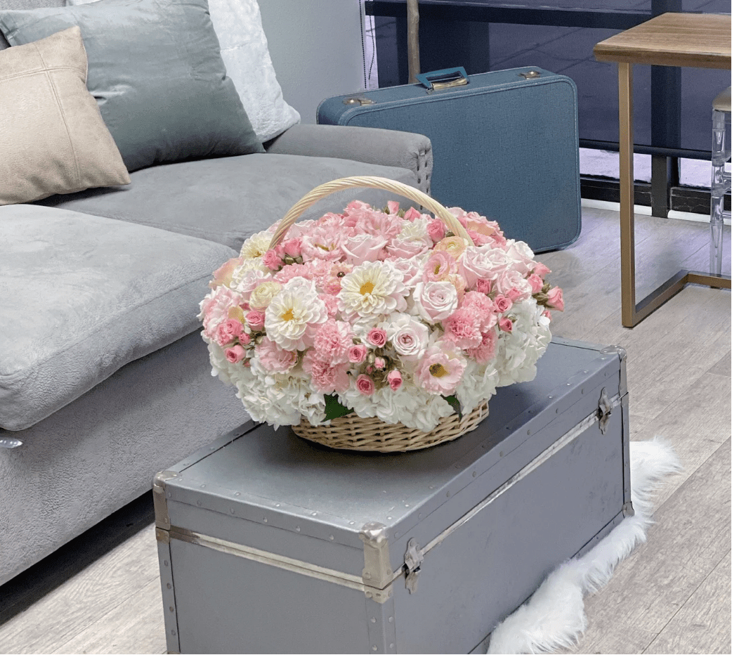 Big basket with seasonal flowers  - Big basket with seasonal flowers. Can be made in any color pallet.