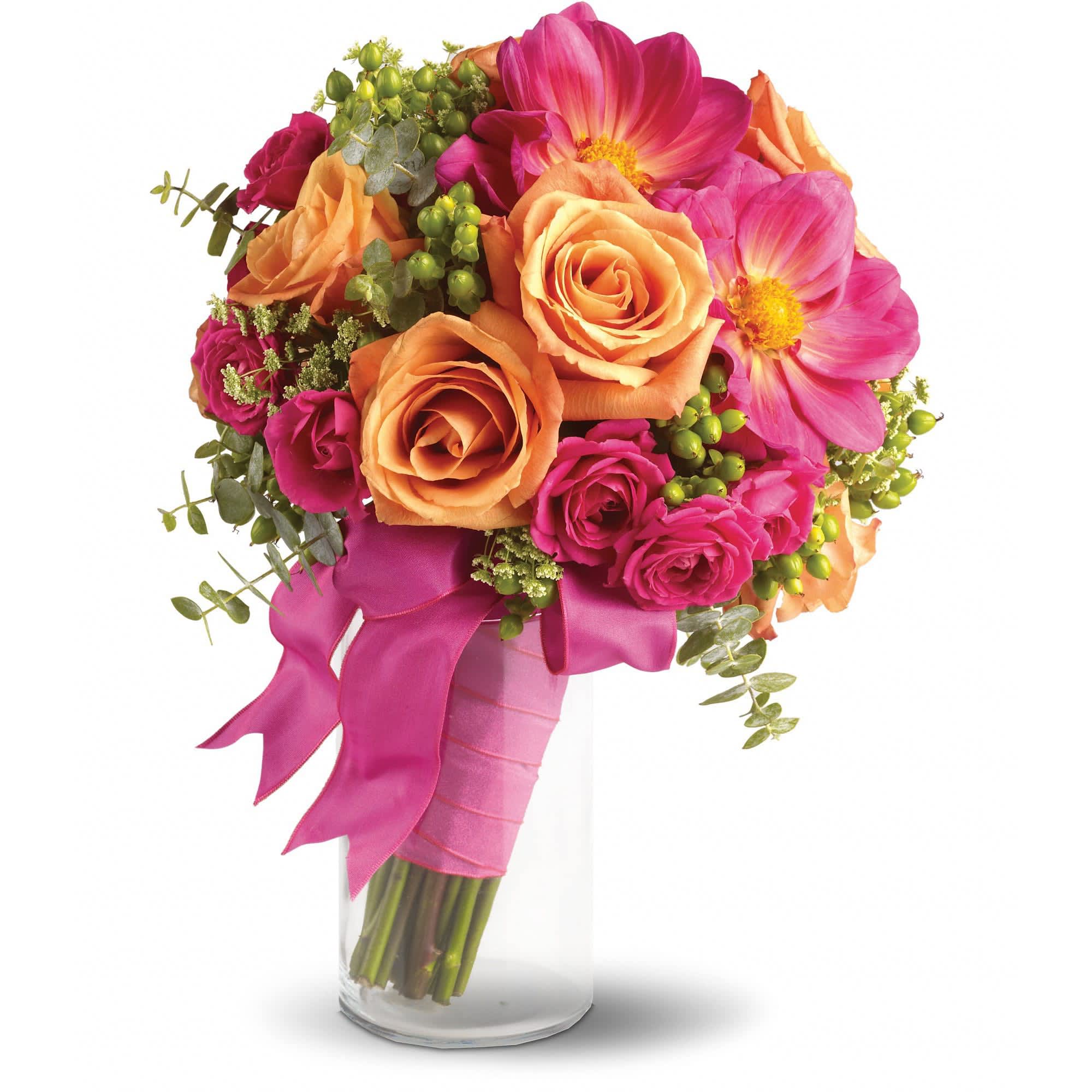 Passionate Embrace Bouquet  - Evoke the exciting passion of true love with this high-fashion bouquet of hot pink, orange and green.    Hot pink and orange roses come together with bold pink dahlias and accents of Queen Anne's lace, green hypericum and spiral eucalyptus.    Approximately 10" W x 13" H    Orientation: N/A        As Shown : T194-7A    