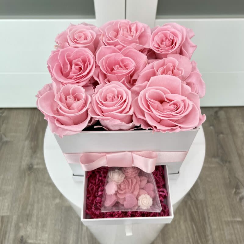 Rose and Petals (Preserved Roses) - 9 Preserved Rose Box with handmade Rose Petals Artisan Soap.  * Preserved Roses – Real Fresh roses which have been chemically treated to last at least a year under proper care.