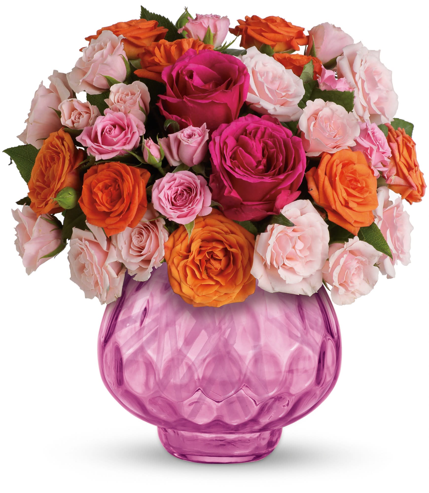 Sweet Fire Bouquet with Roses - Glorious with multicolored roses. Enchanting with candlelight. This exciting bouquet featuring a sparkling pink cut-glass votive bowl is a gift they'll enjoy now and for years to come. Guaranteed to bring a special glow to any occasion.  